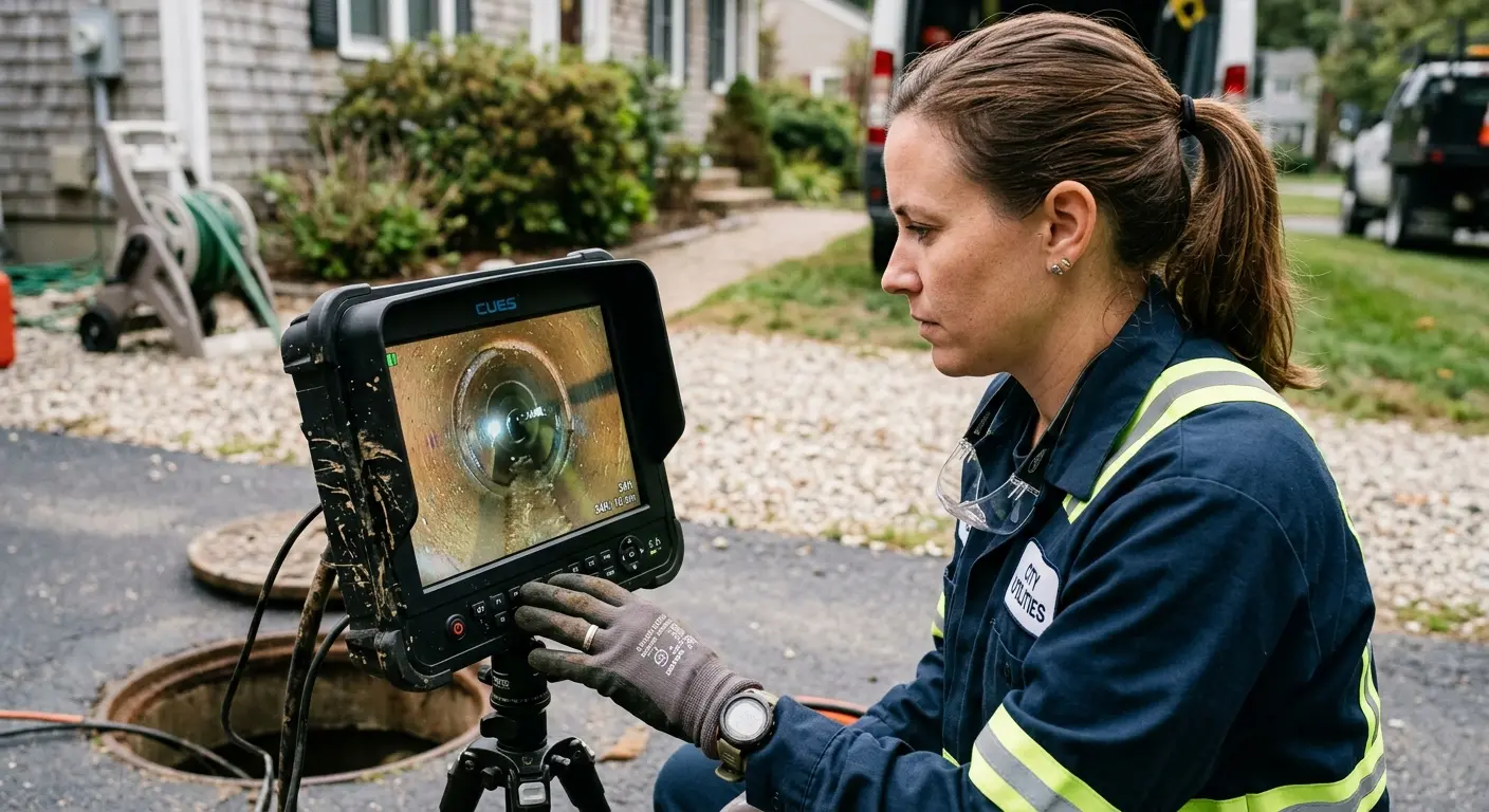 Technician reviewing sewer camera inspection footage in Meadowbrook