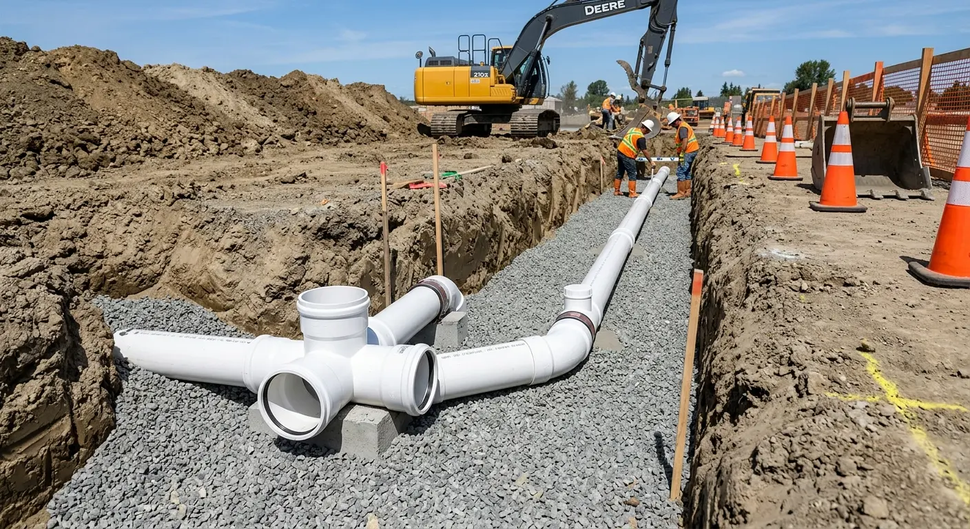 New PVC sewer pipe installation in open trench for Commercial Drain Cleaning in Meadowbrook